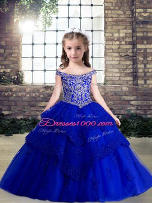 Lovely Ball Gowns Kids Pageant Dress Royal Blue Off The Shoulder Sleeveless Floor Length Lace Up