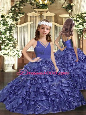 High Class Lavender Quinceanera Dress Organza Brush Train Sleeveless Ruffles