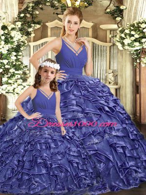 High Class Lavender Quinceanera Dress Organza Brush Train Sleeveless Ruffles