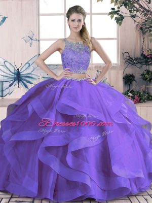 Flare Purple Scoop Lace Up Beading and Ruffles Quinceanera Gowns Sleeveless