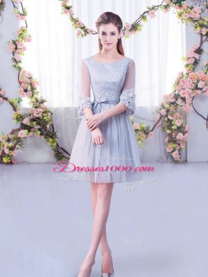 On Sale Grey Scoop Neckline Lace Court Dresses for Sweet 16 Half Sleeves Lace Up