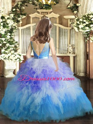 Multi-color Tulle Backless Little Girls Pageant Dress Wholesale Sleeveless Floor Length Lace and Ruffles