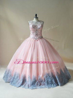 Top Selling Pink Lace Up Scoop Beading and Appliques Quinceanera Dresses Tulle Sleeveless