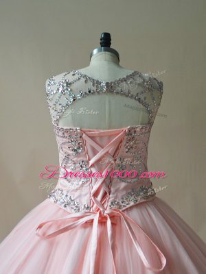 Top Selling Pink Lace Up Scoop Beading and Appliques Quinceanera Dresses Tulle Sleeveless