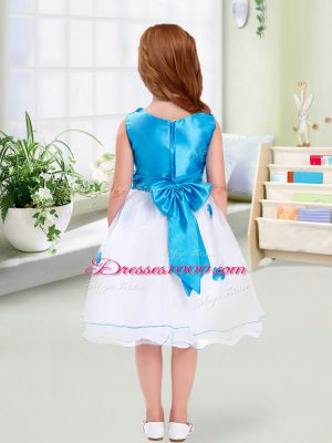 White Sleeveless Knee Length Appliques and Bowknot Zipper Toddler Flower Girl Dress