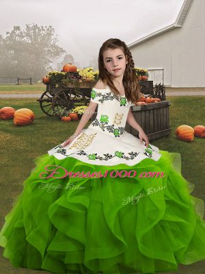 Straps Sleeveless Pageant Gowns For Girls Floor Length Embroidery and Ruffles Green Organza