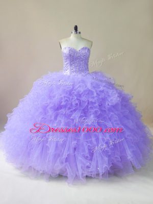 Floor Length Lavender Sweet 16 Dress Tulle Sleeveless Beading and Ruffles