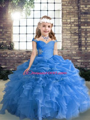 Blue Sleeveless Floor Length Beading and Ruffles and Pick Ups Lace Up Juniors Party Dress