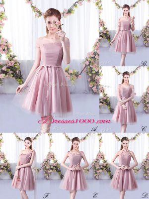 Dynamic Off The Shoulder Sleeveless Bridesmaid Dress Knee Length Belt Pink Tulle