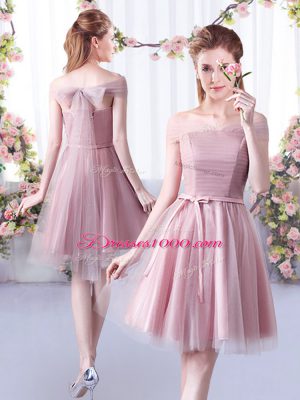 Dynamic Off The Shoulder Sleeveless Bridesmaid Dress Knee Length Belt Pink Tulle