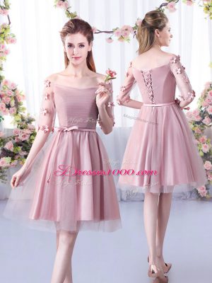 Dynamic Off The Shoulder Sleeveless Bridesmaid Dress Knee Length Belt Pink Tulle