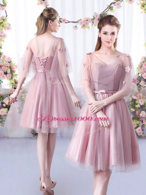 Dynamic Off The Shoulder Sleeveless Bridesmaid Dress Knee Length Belt Pink Tulle