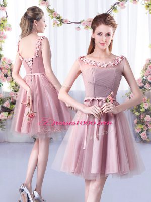 Dynamic Off The Shoulder Sleeveless Bridesmaid Dress Knee Length Belt Pink Tulle