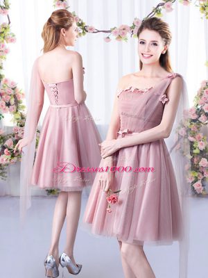 Dynamic Off The Shoulder Sleeveless Bridesmaid Dress Knee Length Belt Pink Tulle