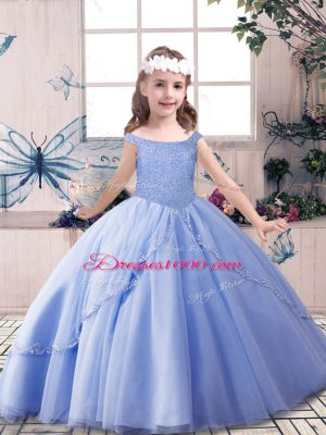 On Sale Blue Sleeveless Floor Length Beading Lace Up Little Girl Pageant Dress