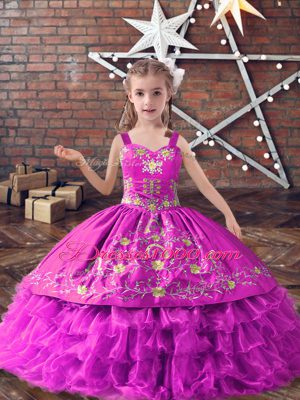 Excellent Lilac Ball Gowns Straps Sleeveless Satin and Organza Floor Length Lace Up Embroidery and Ruffled Layers Girls Pageant Dresses