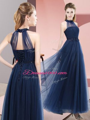 Superior Floor Length Empire Sleeveless Navy Blue Bridesmaid Dresses Lace Up
