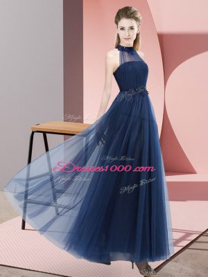 Superior Floor Length Empire Sleeveless Navy Blue Bridesmaid Dresses Lace Up