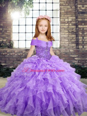 Lavender Pageant Dress Wholesale Party and Wedding Party with Beading and Ruffles Straps Sleeveless Lace Up