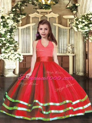 Red Ball Gowns Tulle Halter Top Sleeveless Ruffled Layers Floor Length Lace Up Pageant Gowns