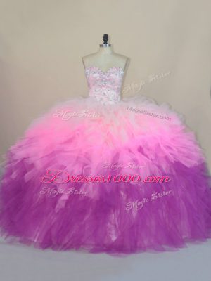 Custom Designed Multi-color Ball Gowns Sweetheart Sleeveless Tulle Brush Train Lace Up Beading and Ruffles Vestidos de Quinceanera