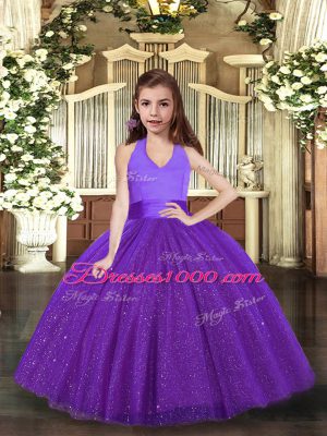 Purple Lace Up Halter Top Ruching Pageant Dress Womens Tulle Sleeveless