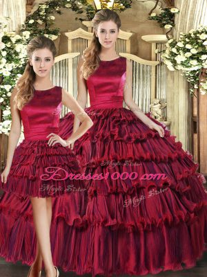 Great Floor Length Wine Red Ball Gown Prom Dress Organza Sleeveless Ruffled Layers