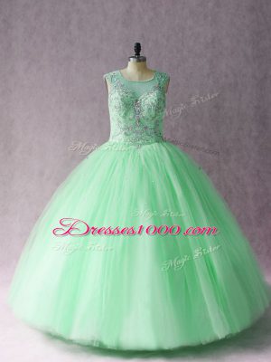 Floor Length Lace Up Quinceanera Dresses Apple Green for Sweet 16 and Quinceanera with Beading