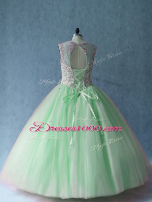 Floor Length Lace Up Quinceanera Dresses Apple Green for Sweet 16 and Quinceanera with Beading