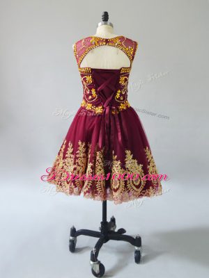 Custom Design Mini Length Burgundy Cocktail Dress Tulle Sleeveless Beading and Appliques