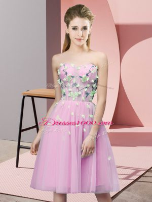 Fantastic Sleeveless Tulle Knee Length Lace Up Bridesmaid Gown in Rose Pink with Appliques