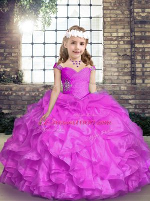 Amazing Straps Sleeveless Lace Up Pageant Gowns For Girls Lilac Organza