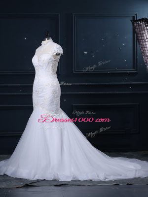 Mermaid Cap Sleeves White Wedding Dresses Court Train Clasp Handle