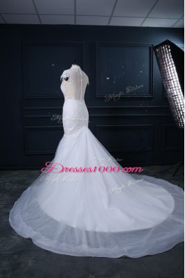 Mermaid Cap Sleeves White Wedding Dresses Court Train Clasp Handle