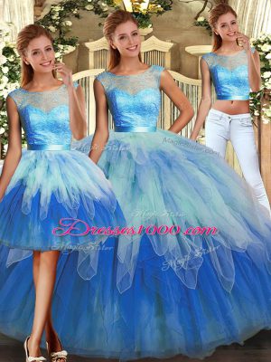 Simple Multi-color Lace Up 15 Quinceanera Dress Lace and Ruffles Sleeveless Floor Length