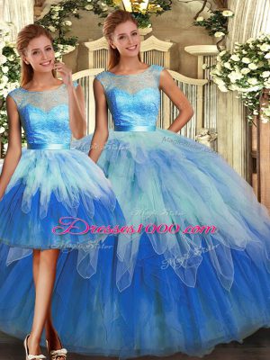 Simple Multi-color Lace Up 15 Quinceanera Dress Lace and Ruffles Sleeveless Floor Length