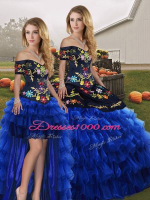 Spectacular Three Pieces Quince Ball Gowns Blue And Black Off The Shoulder Organza Sleeveless Floor Length Lace Up