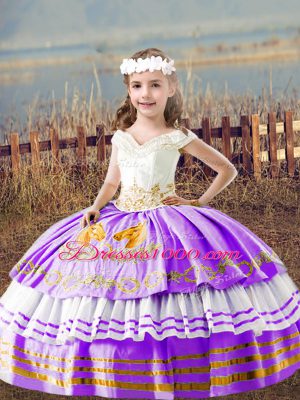 Lavender Ball Gowns Off The Shoulder Sleeveless Satin Floor Length Lace Up Embroidery Little Girls Pageant Gowns