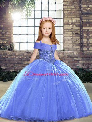 Best Blue Straps Neckline Beading Kids Pageant Dress Sleeveless Lace Up
