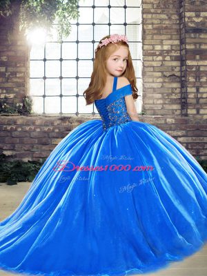 Best Blue Straps Neckline Beading Kids Pageant Dress Sleeveless Lace Up