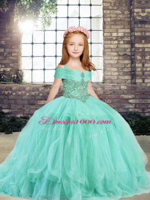 Apple Green Ball Gowns Straps Sleeveless Tulle Floor Length Lace Up Beading Custom Made Pageant Dress