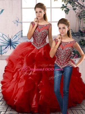 Sleeveless Floor Length Beading and Ruffles Zipper Quinceanera Dress with Red