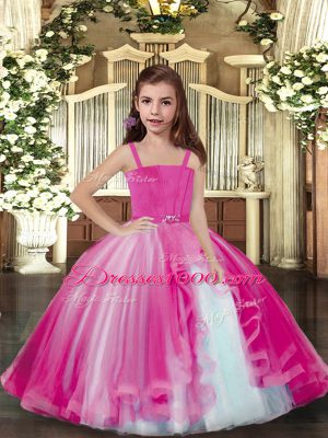 Floor Length Lilac Little Girl Pageant Gowns Straps Sleeveless Lace Up