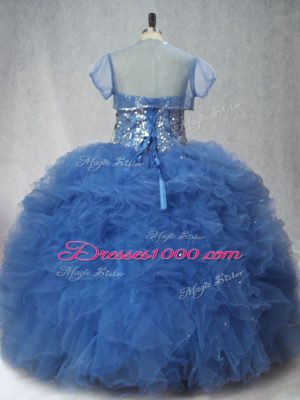 Blue Tulle Lace Up Sweetheart Sleeveless Floor Length 15 Quinceanera Dress Beading and Ruffles