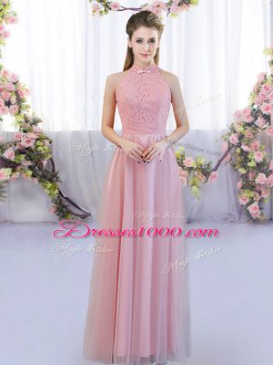 Pink Empire Tulle High-neck Sleeveless Lace Floor Length Zipper Bridesmaid Dresses