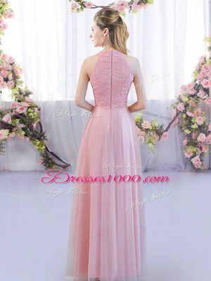 Pink Empire Tulle High-neck Sleeveless Lace Floor Length Zipper Bridesmaid Dresses