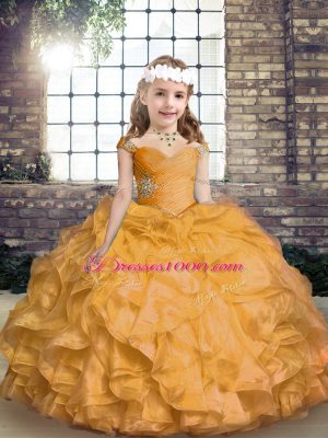 Gold Lace Up Pageant Dresses Beading and Ruffles Sleeveless Floor Length