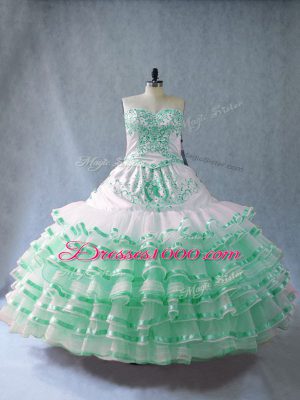 Fashion Apple Green Sleeveless Floor Length Embroidery and Ruffled Layers Lace Up Quince Ball Gowns