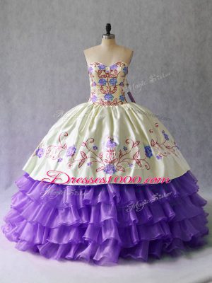 Fashionable Lavender Ball Gowns Sweetheart Sleeveless Organza Floor Length Lace Up Embroidery and Ruffled Layers Quinceanera Dress