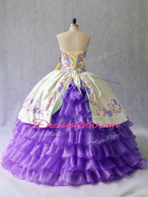 Fashionable Lavender Ball Gowns Sweetheart Sleeveless Organza Floor Length Lace Up Embroidery and Ruffled Layers Quinceanera Dress